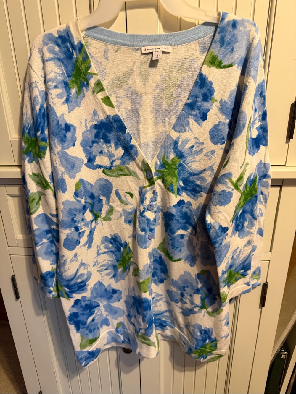 Isaac Mizrahi Blue and Green Floral V-Neck Cardigan